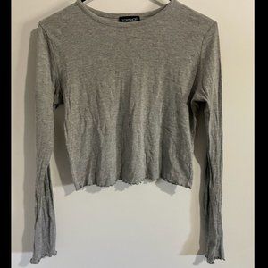 Topshop Cropped Top Long Sleeve Light Gray Crew Neck Cotton Blend Size 8